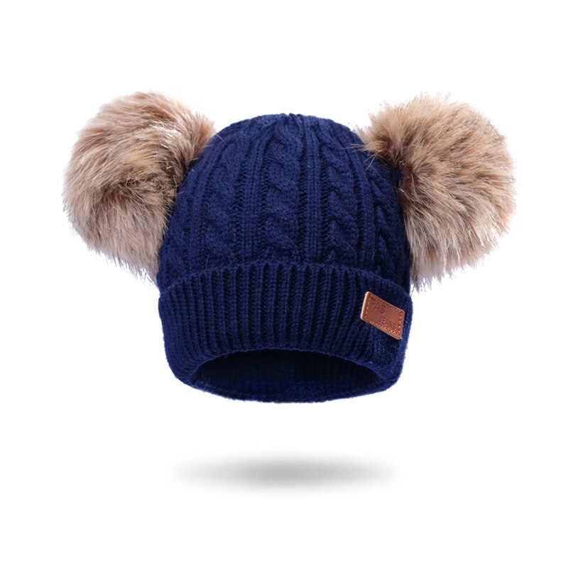 Pompom Fur Baby Knitted Beanie Hats Solid Color Baby Bonnet Hat Child Winter Boy Girl Thicken Warm Cap: Navy