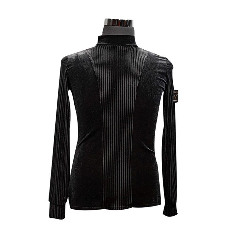 Camisas de baile latino para hombre, de terciopelo negro, mangas largas, ropa de rendimiento para competición, Rumba Cha Samba Tango, ropa masculina DN4826
