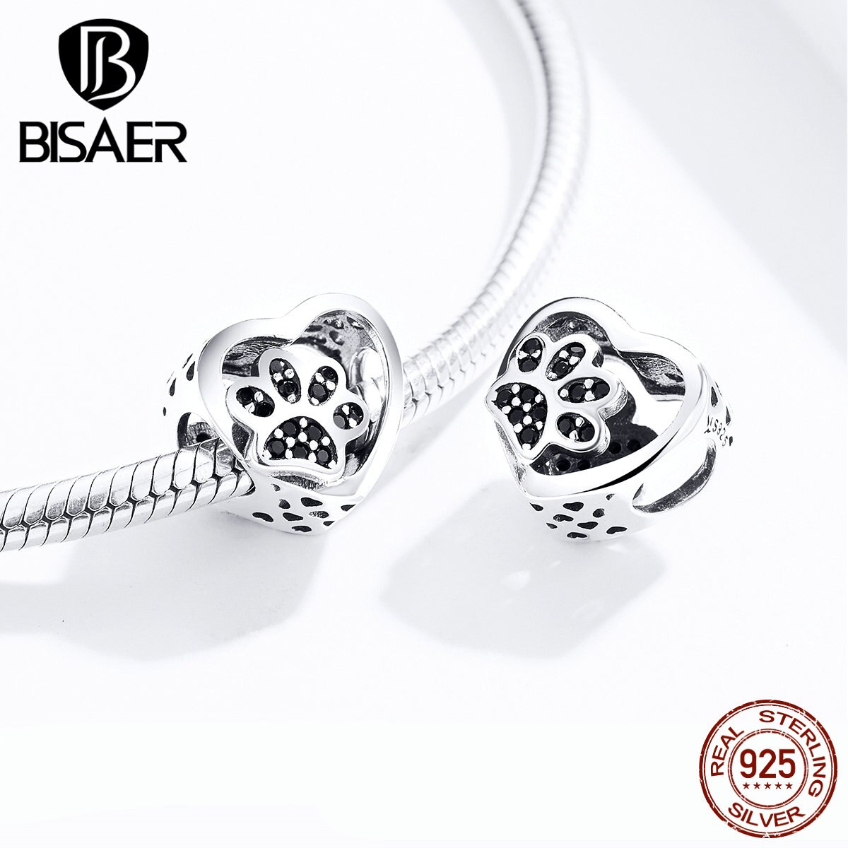 BISAER Dier Liefde Kralen 925 Sterling Zilver Hond Kat Voetafdrukken Charms fit Roze Zirkoon Armbanden DIY Sieraden Maken ECC1191