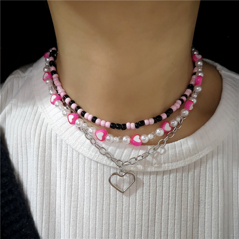2022 new goth candy color pink pearl peach heart beaded necklace for female harajuku cute egirl party  y2k jewelry accessories