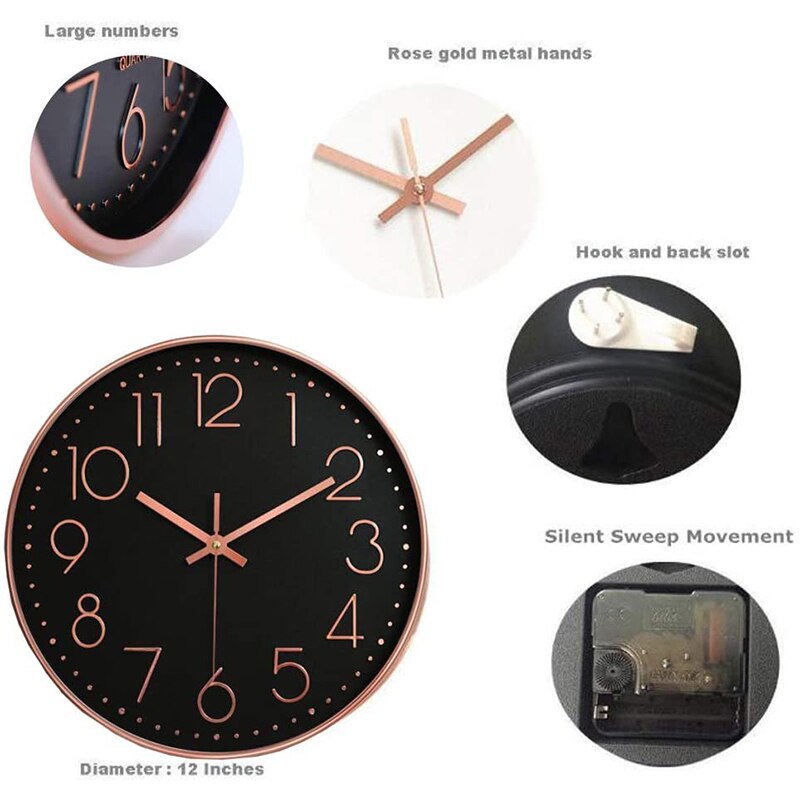 Large Digital Wall Clock for Living Room/Bedroom Decor Round Modern Atomic Mute Wall Clock 12Inch