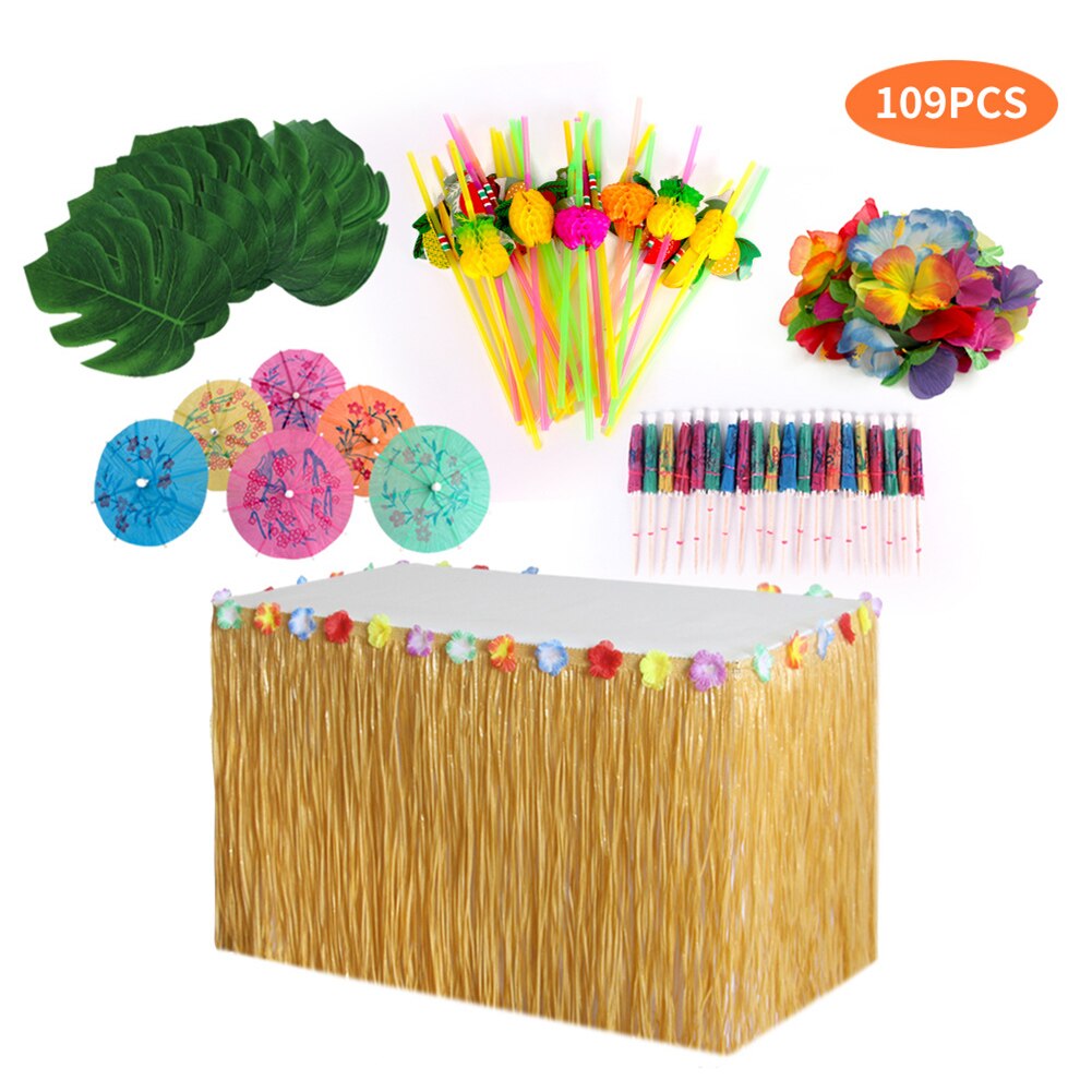 109/149pcs Table Skirt Raffia Style Fringe Party Decoration Kit for Tiki Tropical Hawaii or Moana Themed Birthday JS22: Rice Table Skirt 109