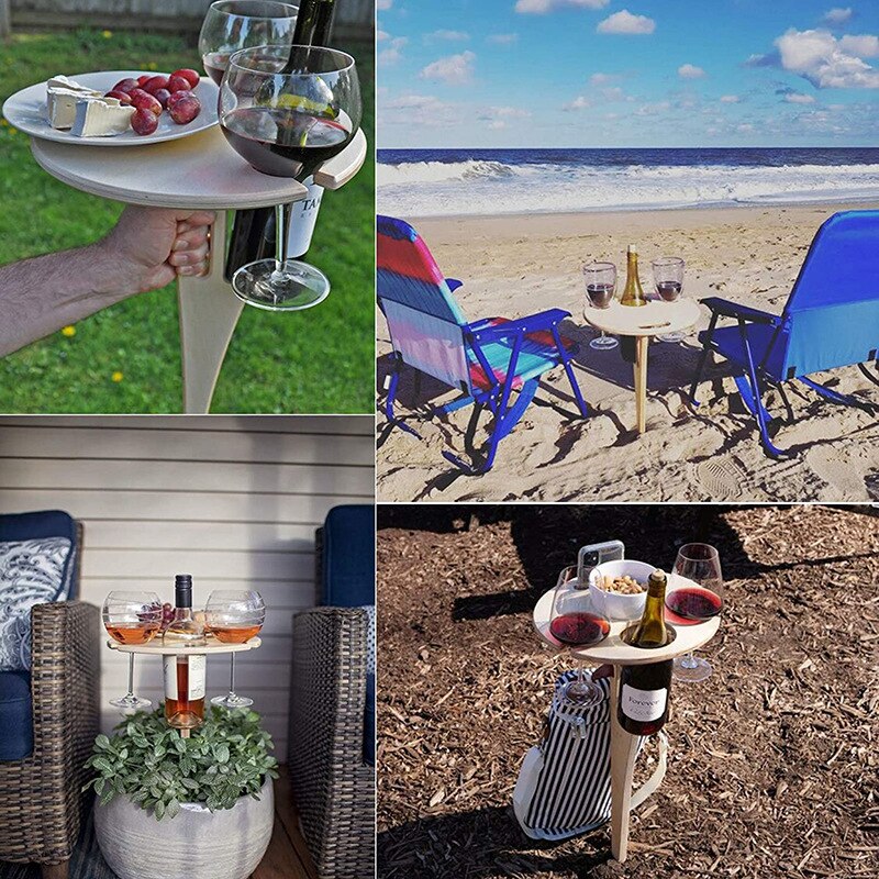 Outdoor Wine Table Portable Desktop Foldable Round Desktop Mini Wooden Picnic Table Easy Carry Wine Rack Support