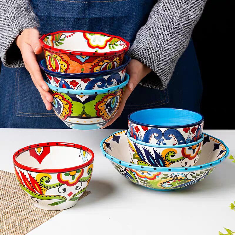 Bohemian Handgeschilderde Keramische Slakom Rijst Ramen Kom Soep Kommen Fruit Thuis Ontbijt Granen Huishoudelijke Keuken Servies