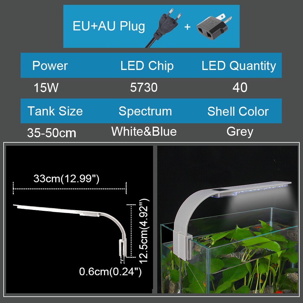Senzeal Aquarium LED Beleuchtung Super Dünne X9 Clip-auf Aquarium Licht 15W 2000LM Hellsten Aquarium Lampe AU/EU/uns-stecker 110-240V: grau-EU-AU-220-240V