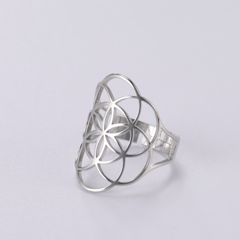 LIKGREAT Anelli regolabili con fiore della vita Vintage per le donne nuovo anello in acciaio inossidabile vichingo regalo di gioielli con amuleto con geometria sacra: WHITE