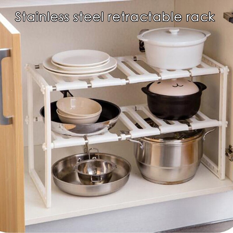 Stainless Steel Floor Type Holder Adjustable Extendable Double Layer Dishes Storage Rack Kitchen Under Sink Multifunction Shelf