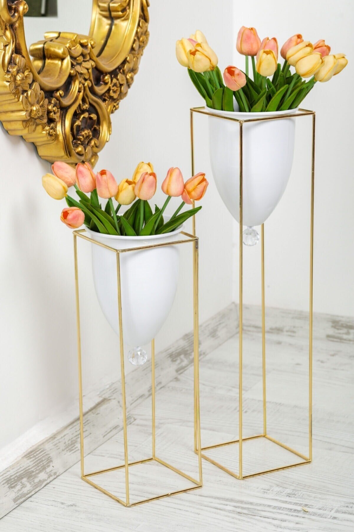 Maceta de Pedestal de Metal para decoración del hogar, 2 piezas: GOLD WHITE