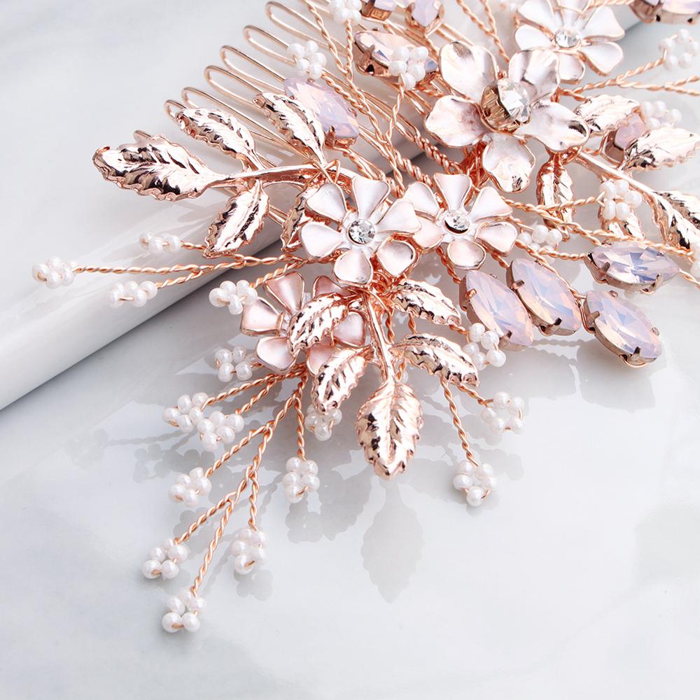 Women Flower Hair Combs Rose Gold Color Leaf Hair Jewelry Accessories Pink Crystal Wedding Hair Ornament For Bride