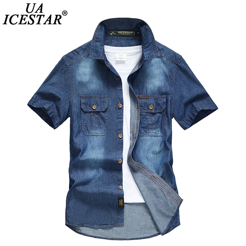 Uaicestar Zomer 100% Katoen Denim Korte Mouwen Heren Casual Slim Shirts Mannen shirts