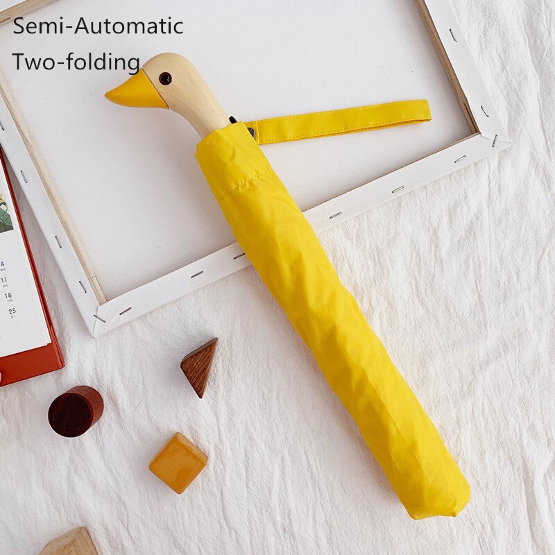 Półautomatyczny parasol słoneczny śliczna kaczka głowa drewniana rączka 8k 2 składana wiatroszczelna czarna powłoka ochrona UV kobiety deszcz parasole: Yellow-D