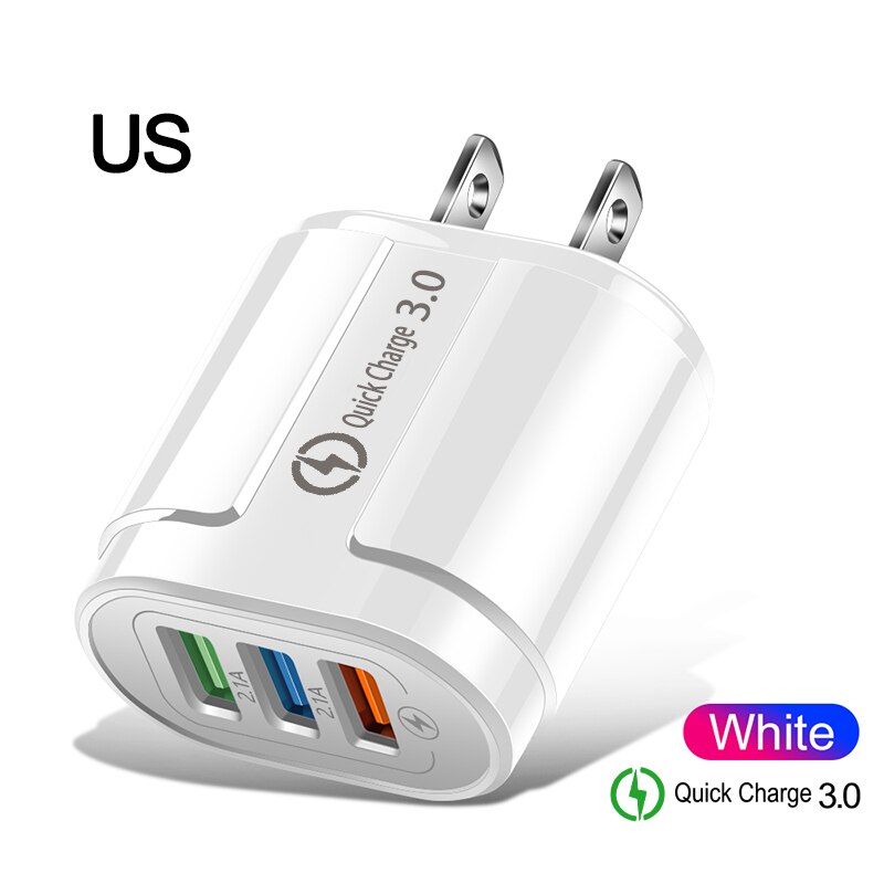 3 Poorten Snelle Usb Charger Cable Telefoon Snellader 3.0 5V 3A Eu/Us Plug Wall Charger Voor samsung Apple Iphone Sony Xiaomi Huawei: US  White