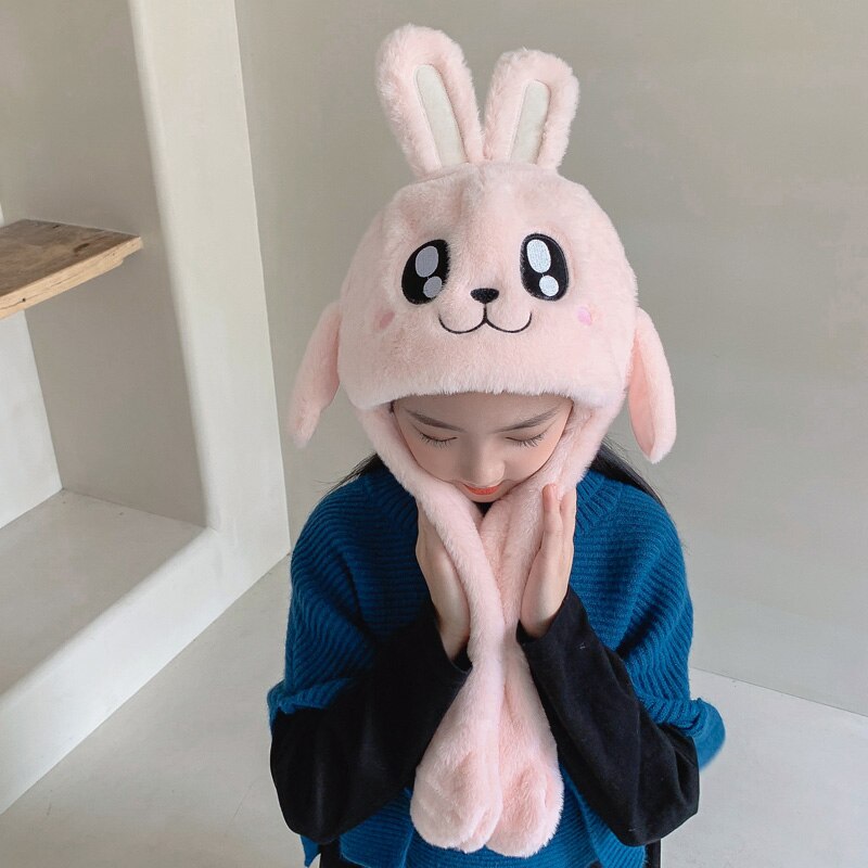 Doitbest-gorros de invierno con orejas móviles para niño y niña, gorro de terciopelo con tiburón grande, bufanda de una pieza, gorros con orejeras: pink 1