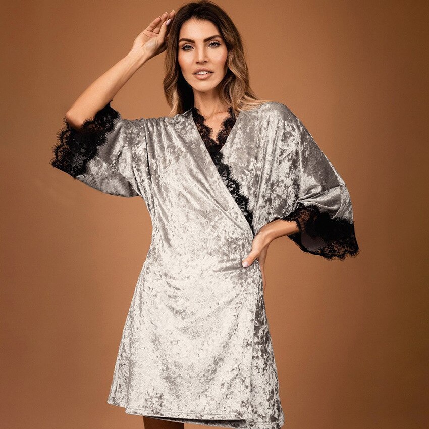 Women Velvet Bathrobe Glossy Velour Lace Sleepwear Autumn Winter Warm Pajamas AW Lady Nightgown