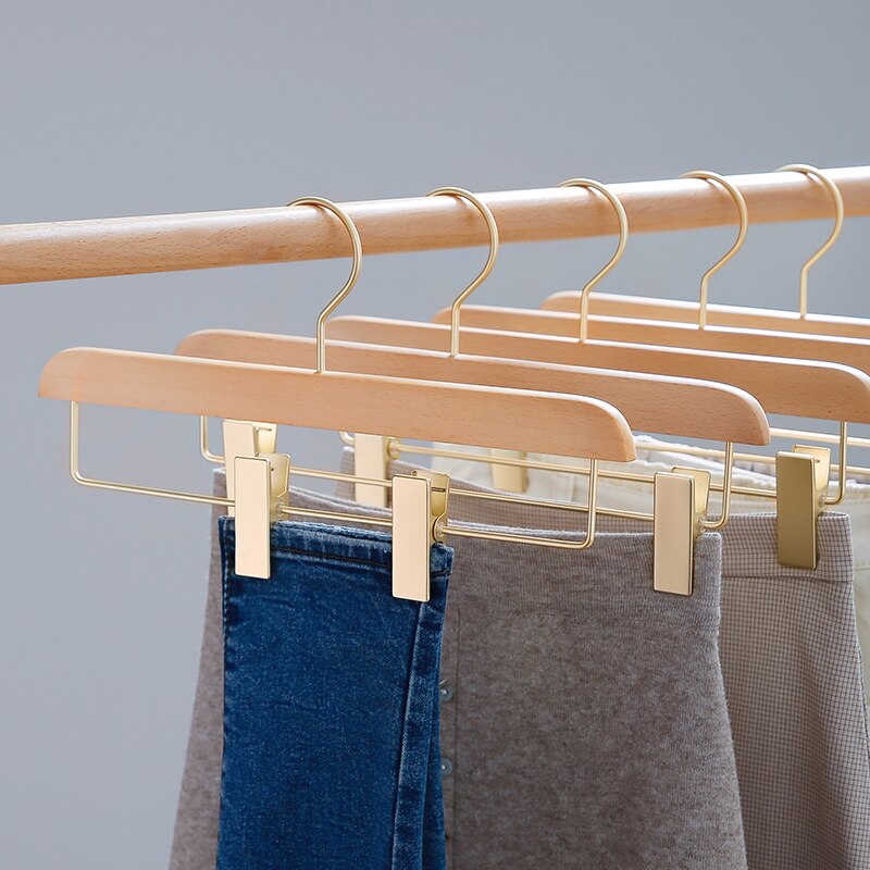 SHIMOYAMA 3 stücke Rose Gold Hosen Lagerung Gestell Buche Kleiderschrank Hosen Felsen KleiderbüGel mit Clips Multi-funktionale Wandschrank Organizer