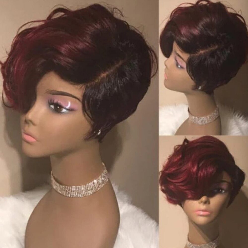 Pixie Cut Synthetic Wigs Short Black Yellow Wine Orange Wigs Natural Looking Heat Resistant Hair Wigs For Black Women: black wine