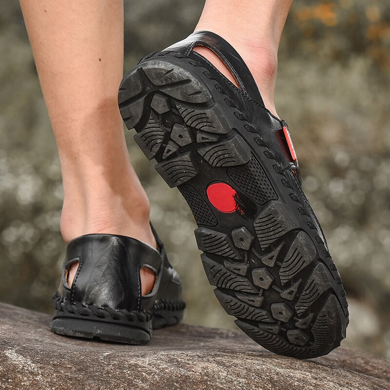 hommes chaussures d'été en cuir bout fermé sandales plates en plein air espadrilles décontractées