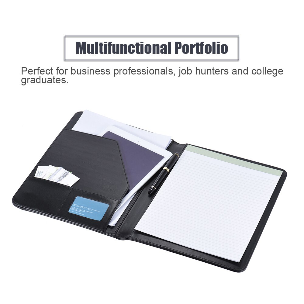 Multifunctional Business Portfolio Padfolio Folder Document Case Organizer A4 PU Leather with Business Card Holder Memo Note Pad