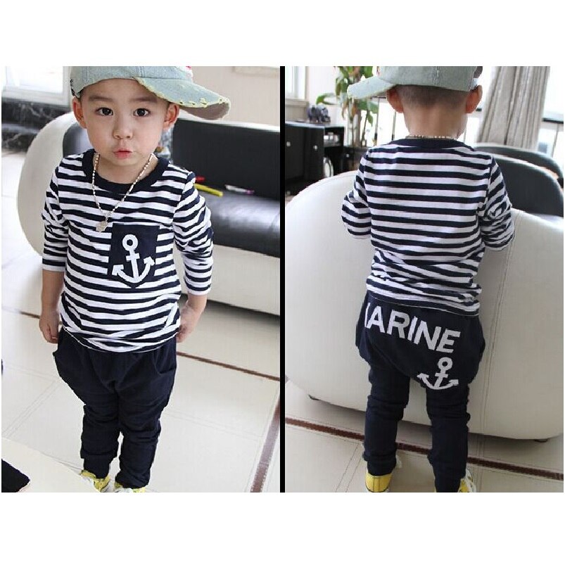 Marine Navy Sailor Boys Tracksuits 100% Cotton Children's T-Shirts Trousers Sets Stripe Boy Sweatshirts Pant Suit