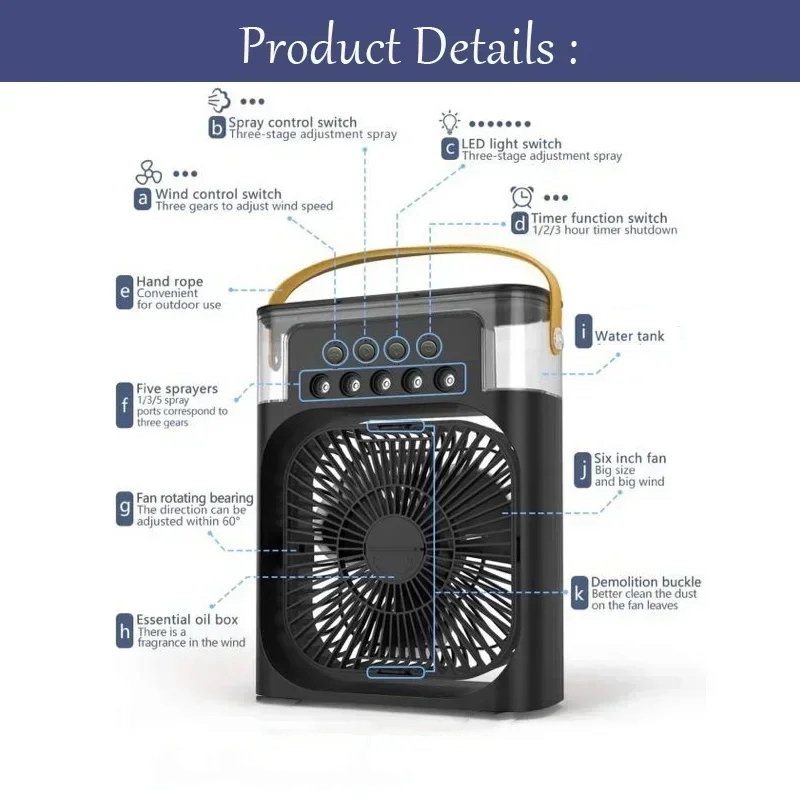 ventilador 3 en 1, aire acondicionado, Enfriador de aire pequeño para el hogar, luz LED nocturna, humidificador portátil, ventilador de ajuste de aire, ventilador para oficina y hogar