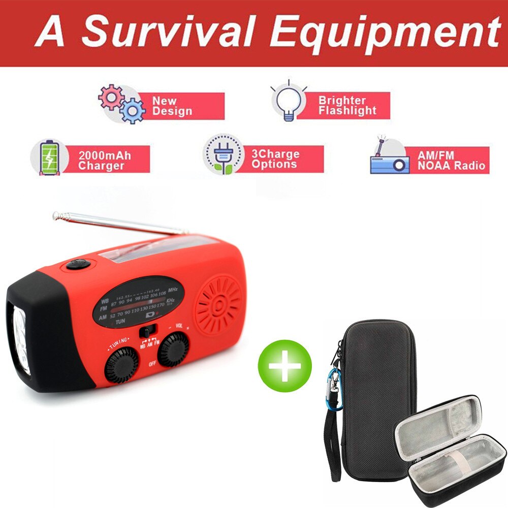 Ready Stock 2000mAh Hand Crank Solar Radios Dynamo Powered AM/FM/NOAA Weather Radio Use Emergency LED Flashlight Power Bank: Red with bag