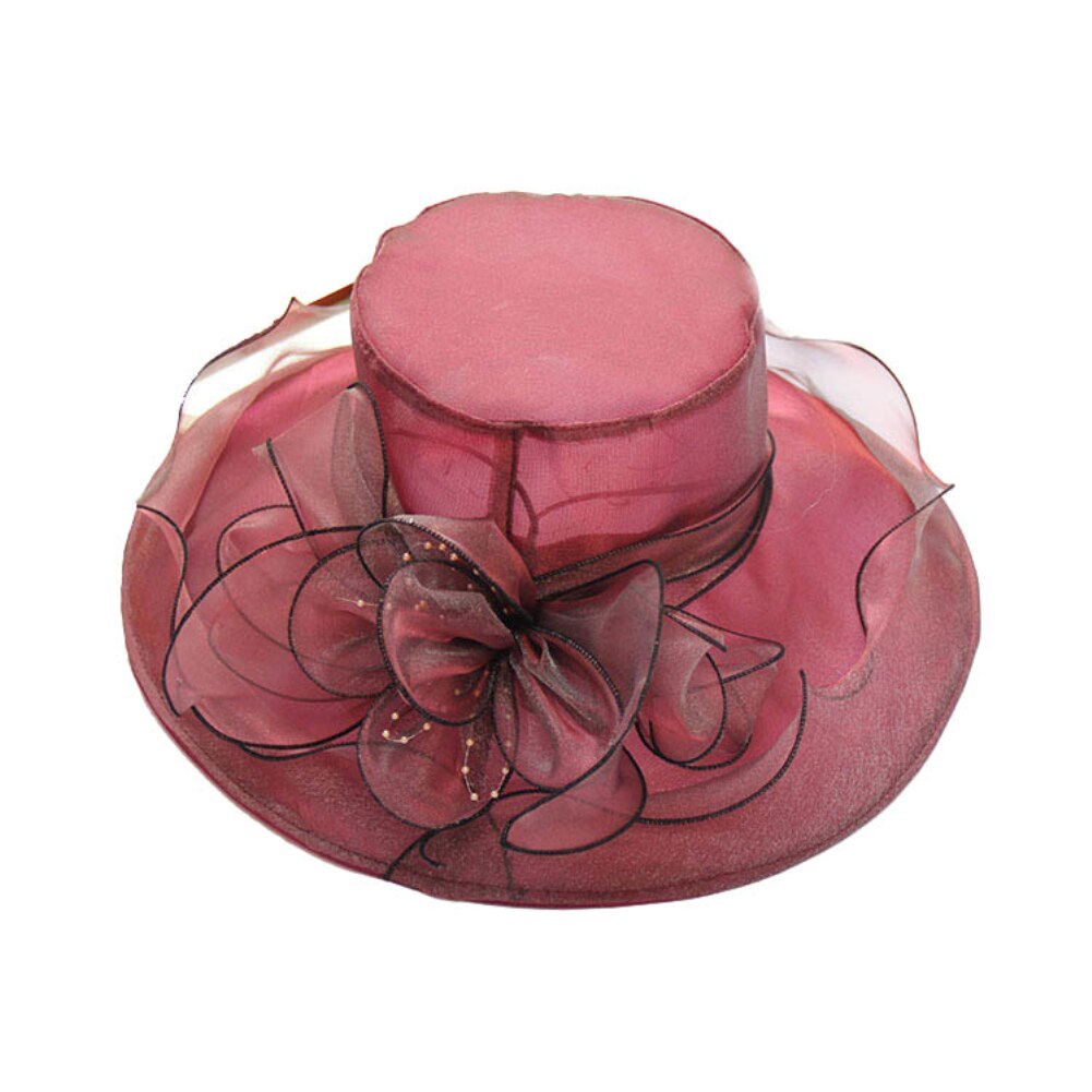 Sombreros elegantes de iglesia para mujer, gorros de fieltro de hilo de red Floral grande para mujer, sombreros de Sol de ala ancha de verano, gorros de fedora vintage: Wine Red B