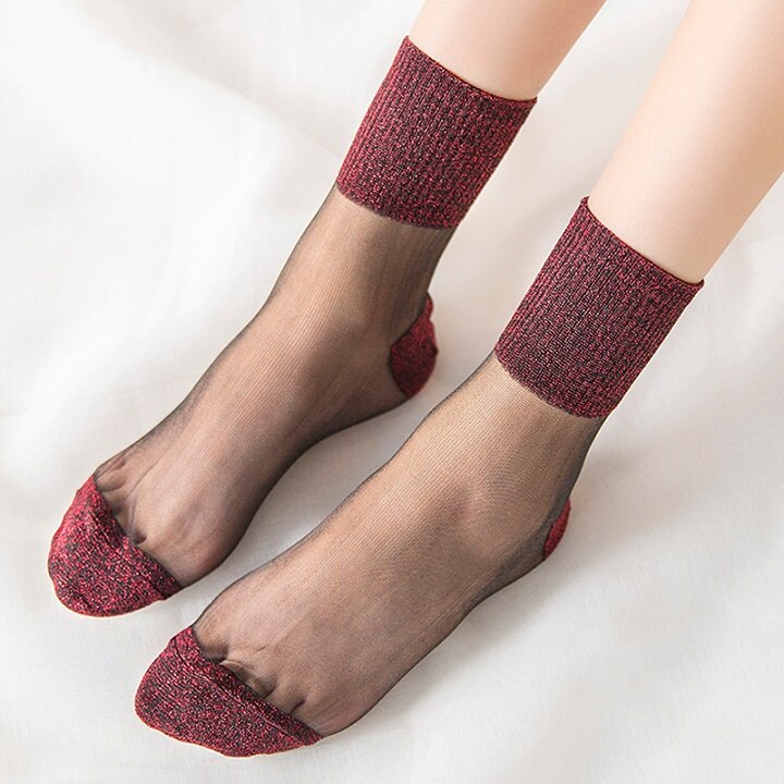Kvinnor sommar glitter siden tunna strumpor dam spets mesh glänsande elastiska strumpor patchwork färger kristall genomskinliga vriststrumpor 8 färger: Svart