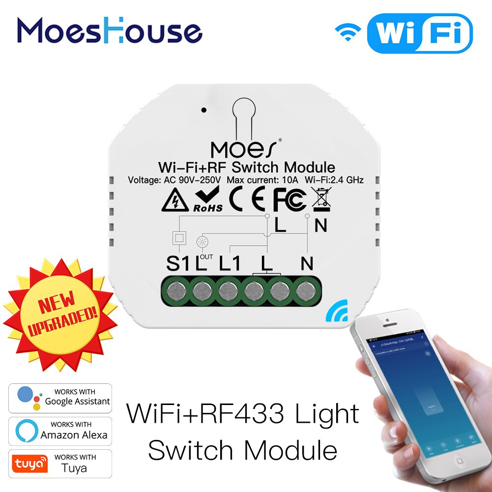 Mini DIY WiFi RF433 Smart Relay Switch Module Smart Life/Tuya App Control, Work with Alexa Google Home 1 Gang 1/2 Way