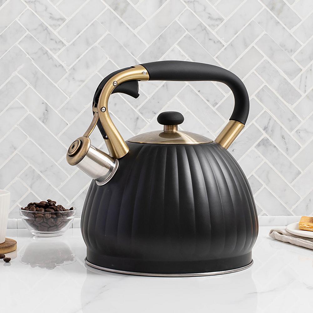 Bouilloire à thé en acier inoxydable, théière universelle en forme de citrouille noire, avec poignée résistante à la chaleur, pour toutes les cuisinières, 3,5 l