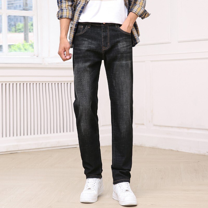 Efterårs stretch bomuld herre jeans med lige ben i klassisk stil mørkeblå denimbukser herre jeans med løs pasform