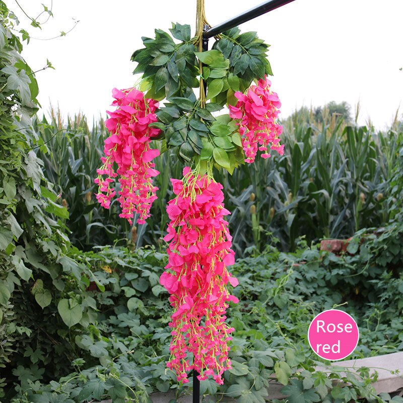 Artificial wisteria flower vine ceiling DIY wedding arch rattan bean flower string bunch party home Christmas flower wall decor: Rose red A