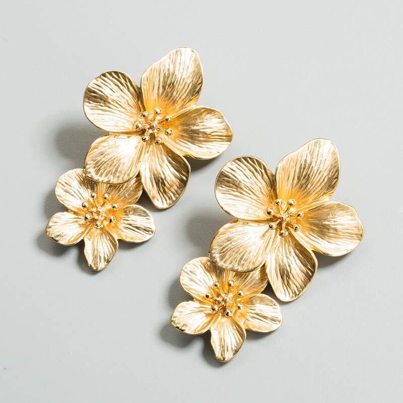 niedlich Schmuck Große Doppel Blume stud Ohrringe Für Frauen Sommer Stil Party Hochzeit Übertrieben schwarz Ohrringe: gold