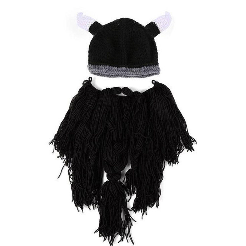 Men&#39;s Knit Viking Beard Horn Hat Crazy Ski Cap Barbarian Vagabond Beanie Halloween Winter Handmade Funny Hat + Beard