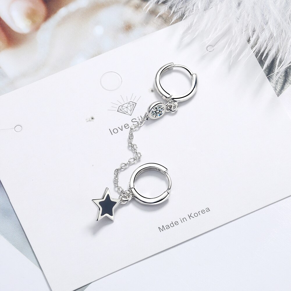 ANENJERY Silver Color Copper Double Ear Hole Hoop Earring Zircon Glaze Star Tassel Chain Earrings For Women S-E1056