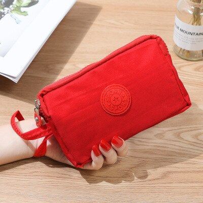 Monederos de lona de 3 capas para mujer, 9 colores, cartera corta para teléfono, Cartera de 3 capas con cremallera, monedero para mujer: Rojo