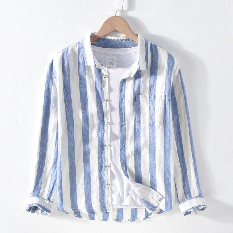 1901 Mannen Lente Herfst Mode Linnen Lange Mouwen Nave Blue Strip Patchwork Turn Down Kraag Casual Klassieke Mannelijke Chic shirt: 1901 blue / Xl