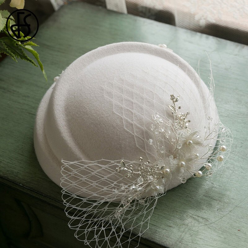 Fs Witte Hoed Fascinators 100% Wolvilt Pillendoosjepet Met Sluier Vrouwen Bloem Baret Cap Bridal Wedding Party Cocktail Fedora