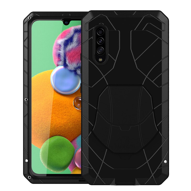 For Samsung Galaxy A90 5g Phone Case Hard Aluminum Metal Case Tempered Glass Screen Protector Cover Heavy Duty Protection Cover: black
