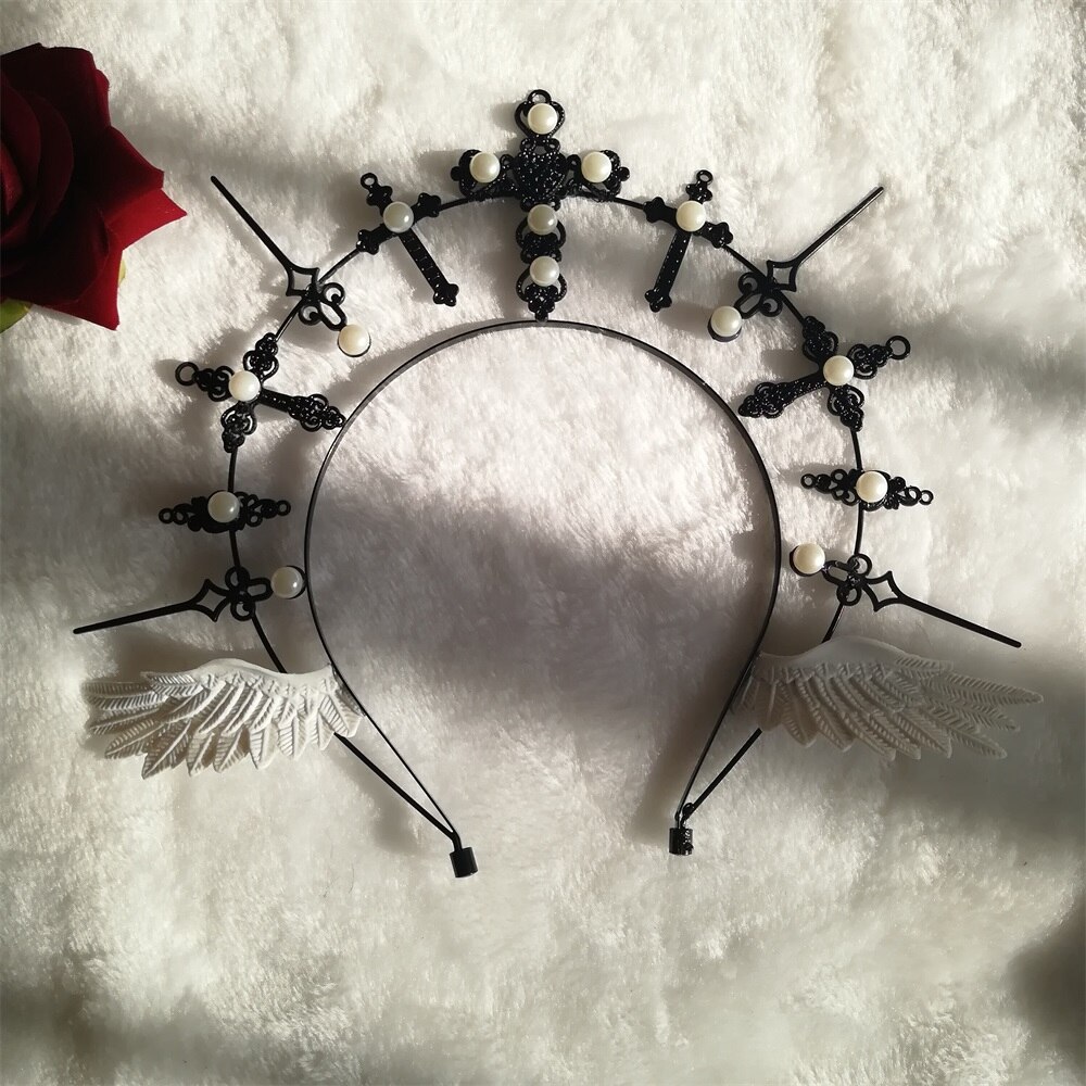 Lolita reine pape accessoires Notre Dame KC cheveux cerceau à la main coiffe ailes sombres perle croix cour couronne Halo ouverture Photo accessoires: Default Title