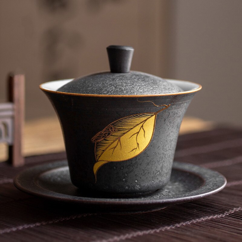 Keramisk gaiwan kontor tekop håndlavet kung fu terrin kinesisk te skål med låg og underkop vand krus te sæt drinkware: C