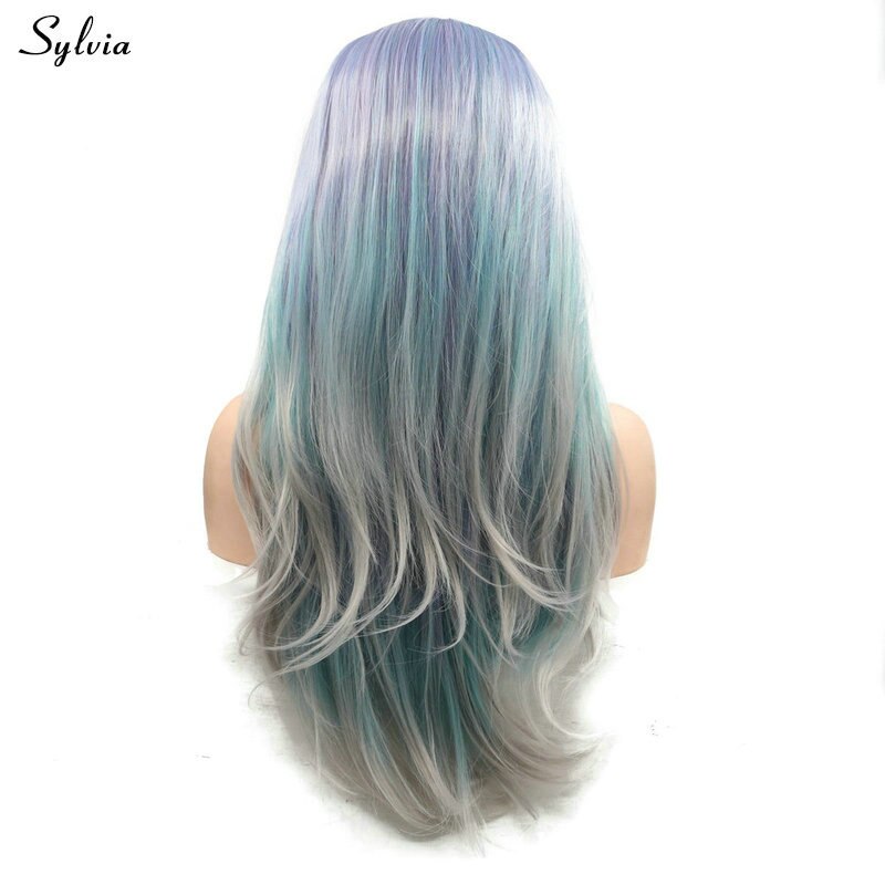 Sylvia Mermaid Kleur Pruik Lange Pastel Paars/Blauw/Grijs Ombre Synthetische Lace Front Pruik voor Vrouwen Lange Warmte vriendelijke Drag Queen Pruik