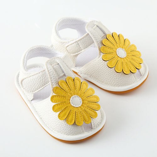 Zapatos de princesa para bebés y niñas, sandalias de verano con suela suave de flores para niño de cuna, Botines de cuero PU con girasol: Blanco / 13-18 meses