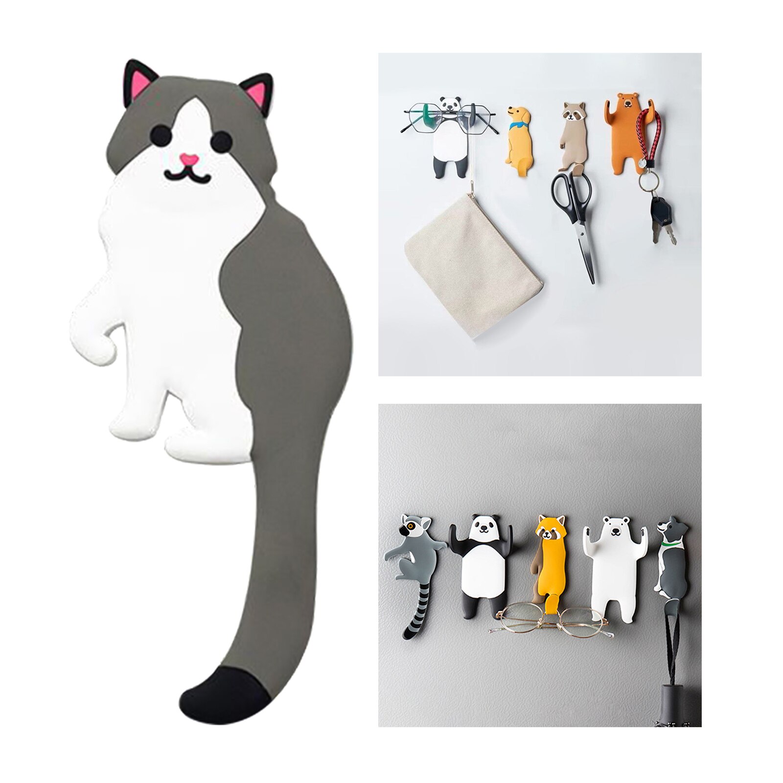 Leuke Cartoon Dier Muur Haak Creatieve Dier Haak Badkamer Keuken Haak Zelfklevende Sleutel Haken Voor Muur Home Decor Ambachten: Grey  Cat