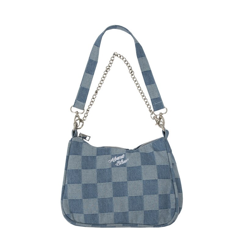Frauen Kleine Schulter Taschen Blau Überprüft Handtasche Leinwand Tote Kette Unterarm Tasche Damen Denim Halbe Mond Taschen Baumwolle Tuch Geldbörse