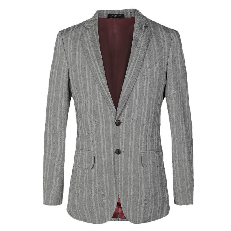 Stribet linned herre blazere slim fit til mænd koreansk formel business grå mandlig jakkesæt bryllup plus størrelse 56: L