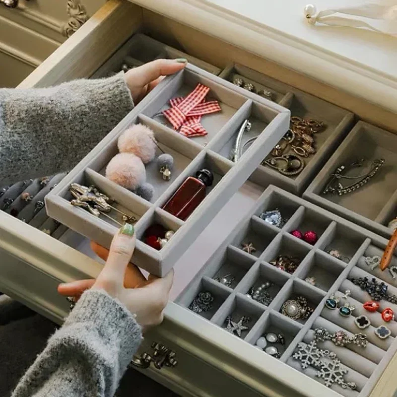 Velvet Jewelry Accessories Display Organizer Desktop Makeup Storage Box Earring Bracelet Ring Brooch Classification Drawer Tray