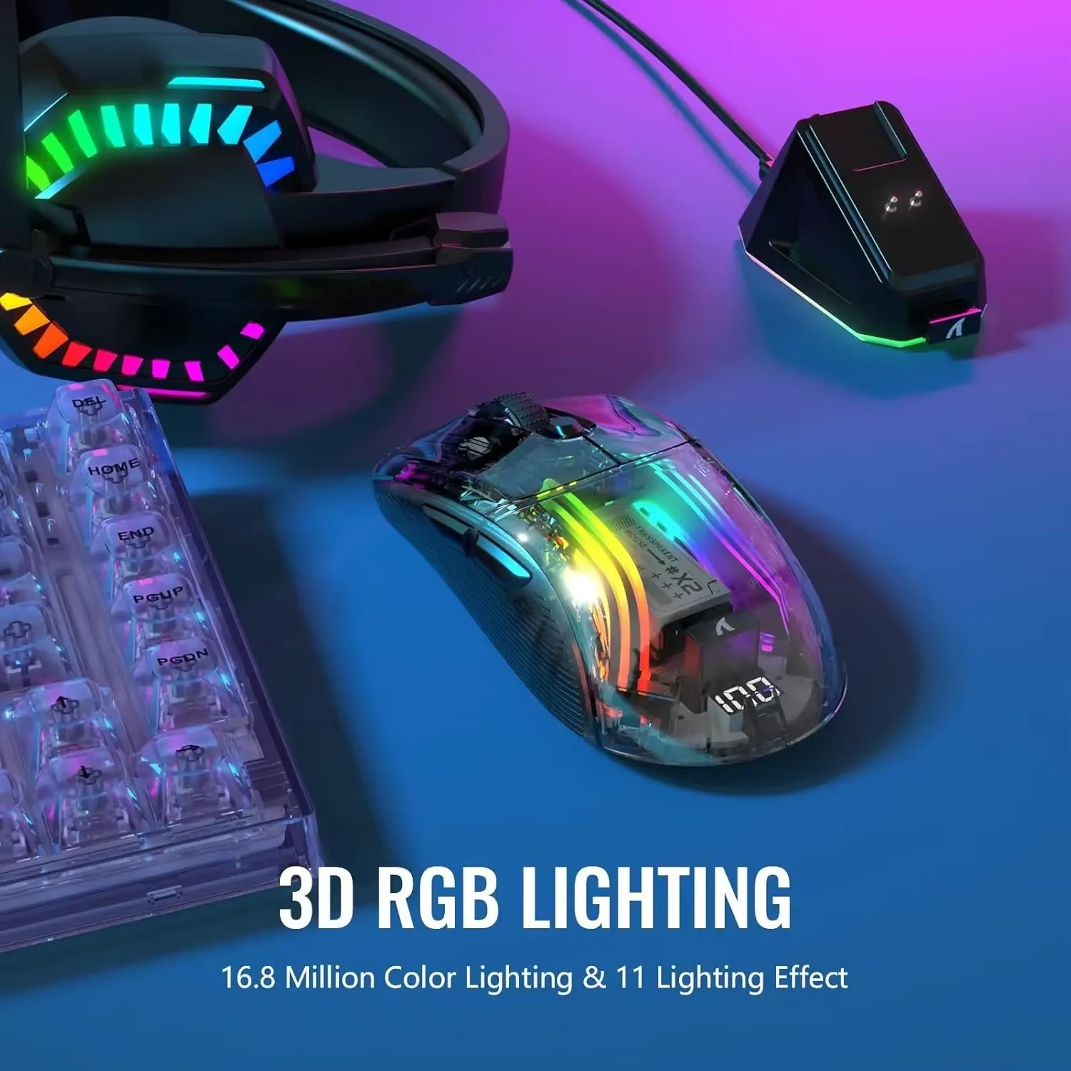 ATTACK SHARK X2 Pro tryb tryb bezprzewodowa przezroczysta obudowa mysz do gier RGB akumulator 4000 DPI ładowalna mysz dokująca