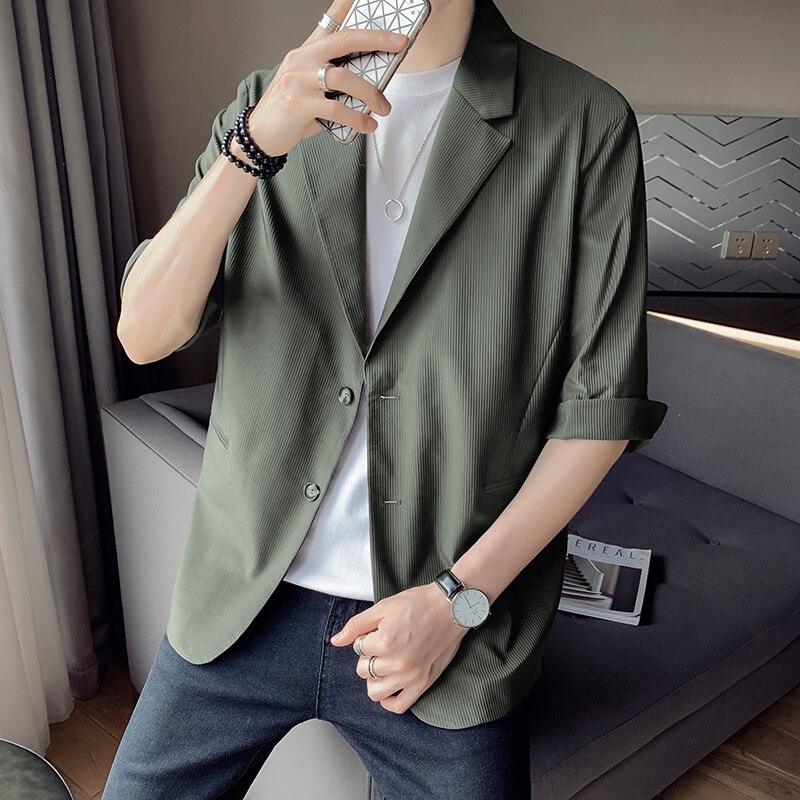 Summer Half Sleeve Blazers Men Striped Leisure British-style Trendy All-match Simple Korean Suit-tops Male Chic Daily Streetwear