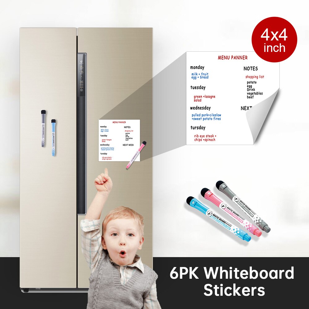 Magnetic Whiteboard Stickers Dry Erase Whiteboard notes for Kid Calendar Table Schedules Fridge Draw Sticker 4*4 /5*5/4*6 inch: 6Pk 4 inch 3Pen