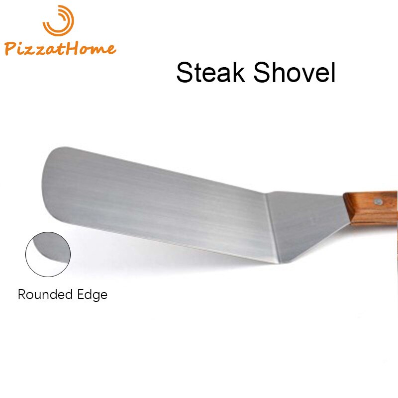 PizzAtHome-ESPÁTULA de acero inoxidable para parrilla, pala para carne con mango de madera, herramienta para barbacoa, girador de carne, pala redonda y cuadrada: Rounded Steak Shovel